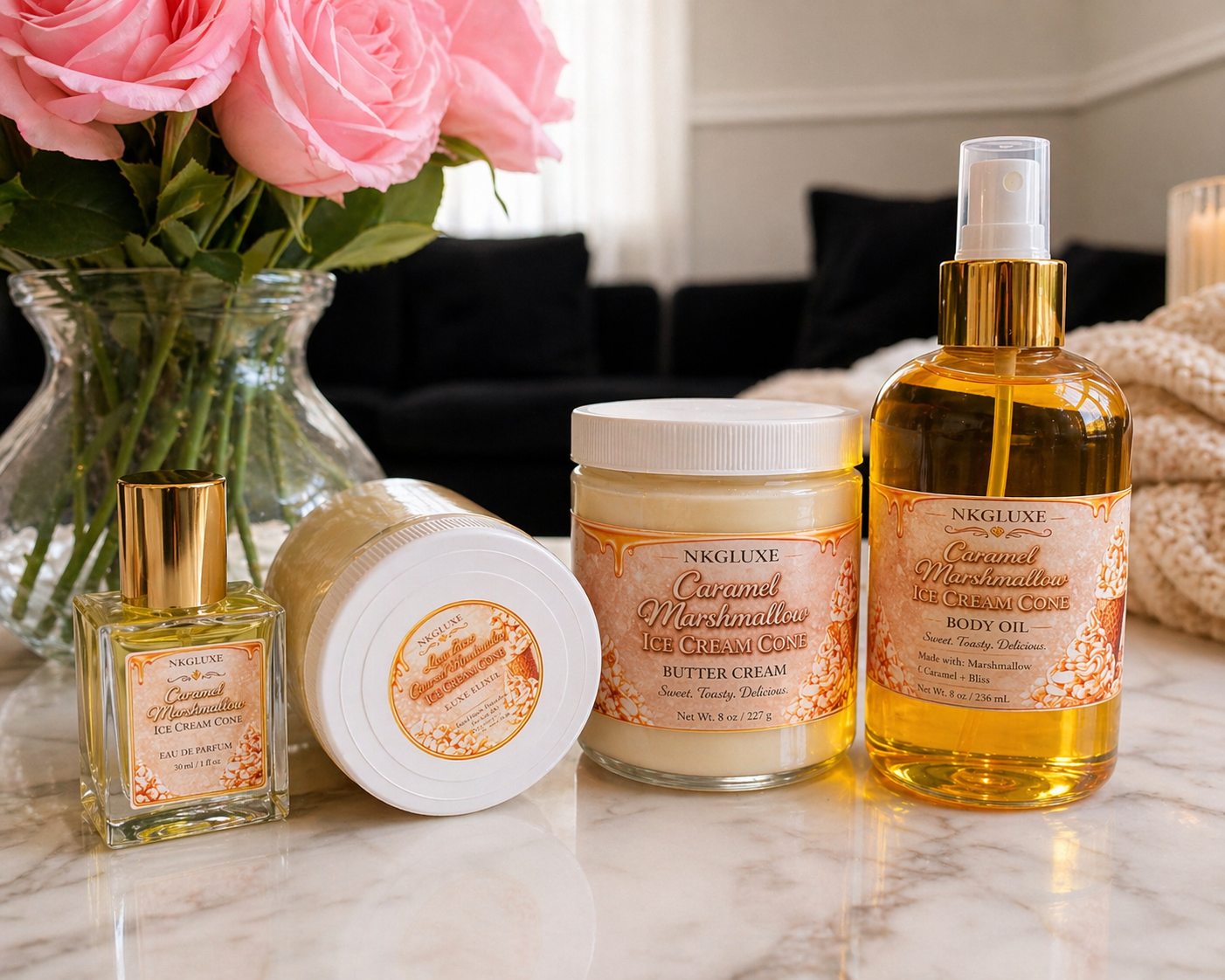 Caramel Marshmallow Body Bundle Set 8oz butter cream, 8oz luxe elixir (balm), Edp 30ml body oil 8oz