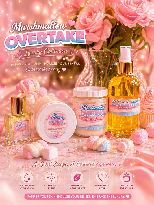 Marshmallow overtake butter cream8oz, balm 8oz body oil 8oz, edp luxury bundle I changed the name from marshmallow sweet milk to marshmallow overtake